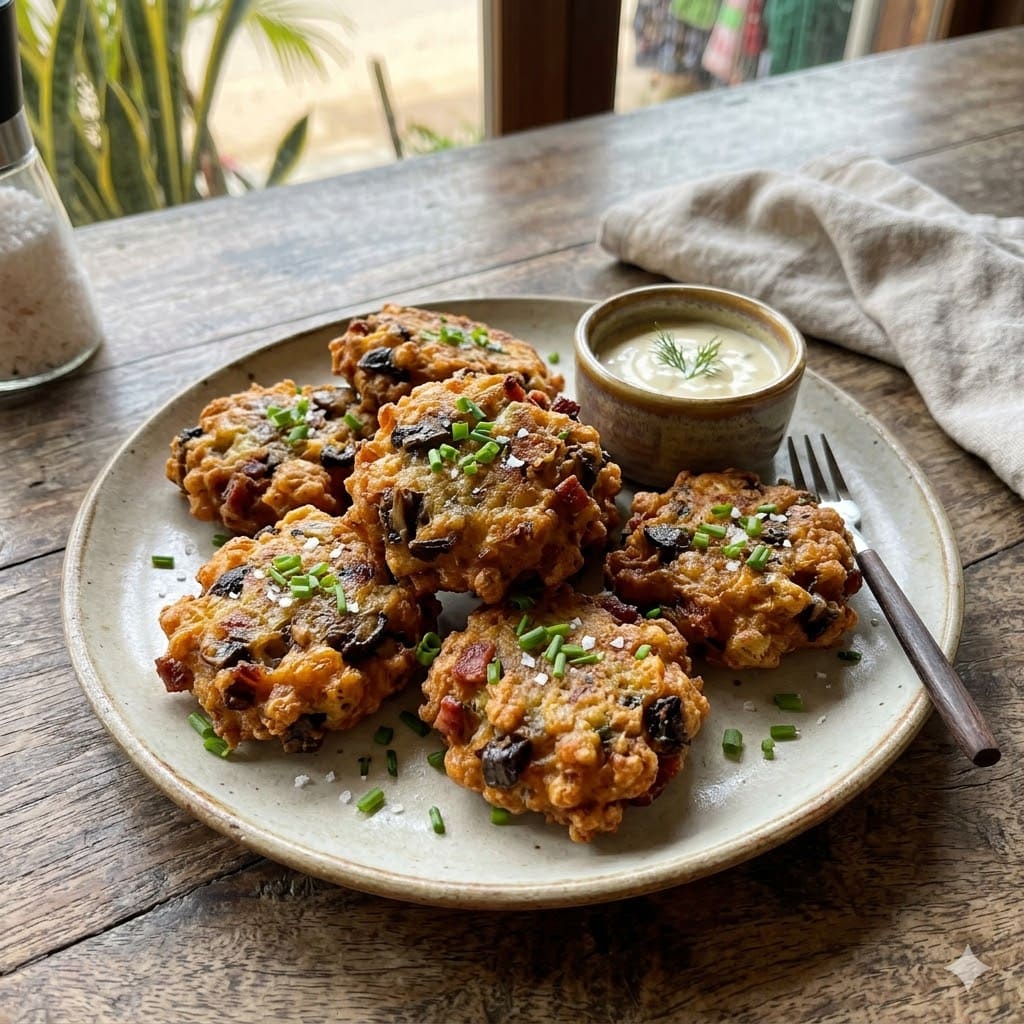 Bacon Mushroom Fritters Six Ounces Coffee